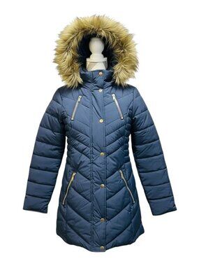 Maralyn & Me Women’s XS Navy Puffer Coat Faux Fur Hood Gold Zip Snap Winter NEW